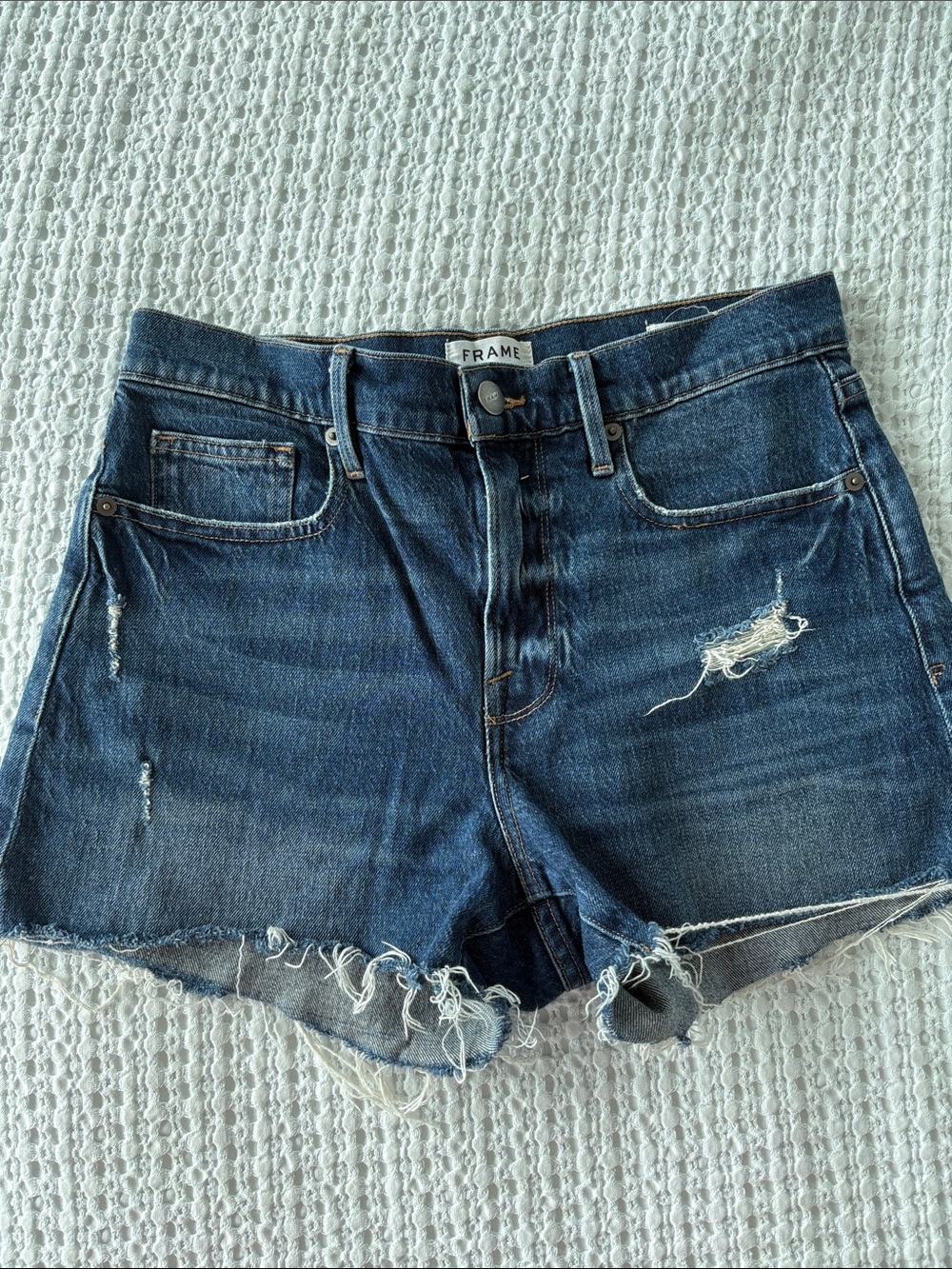 Frame Le Brigette Denim Indigo Frayed Hem Distressed Jean Shorts